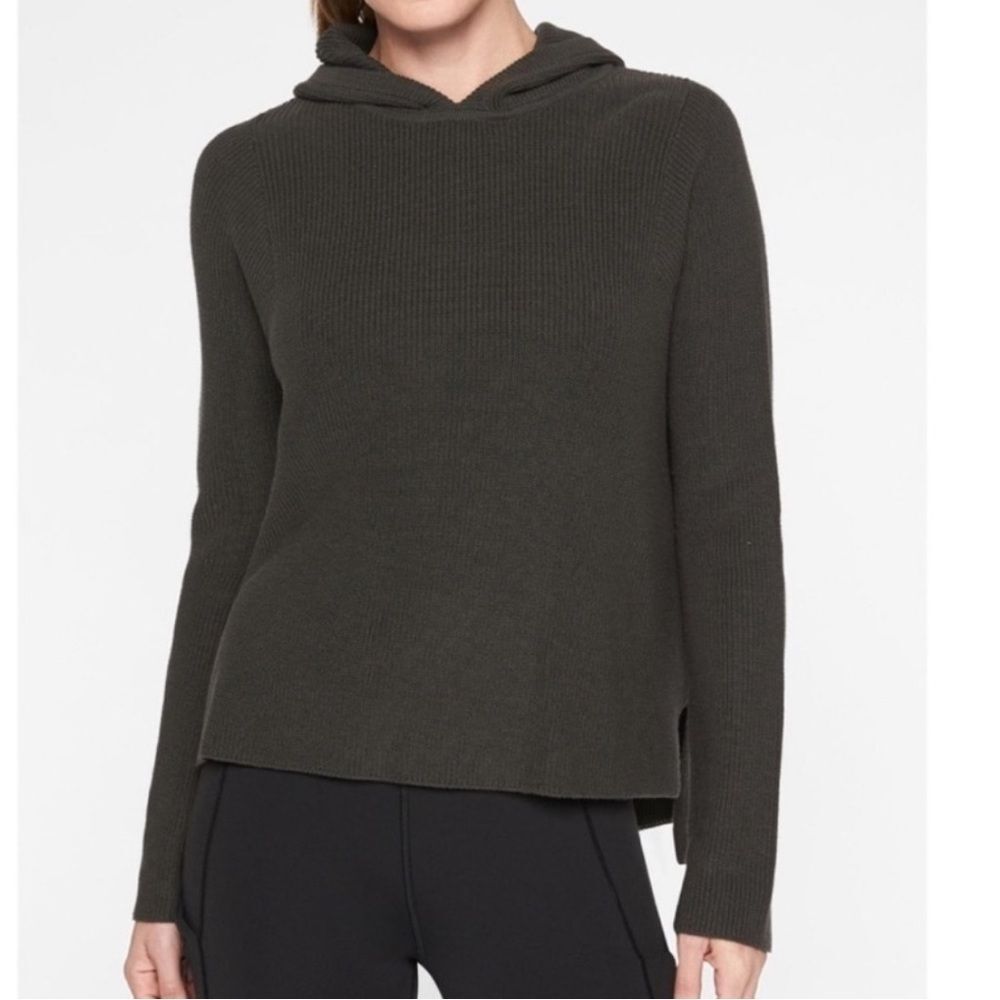 Athleta Rest Day Hoodie Sweater Green Gray Silk Knit Sweatshirt Size XXS